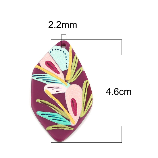 Bild von Harz Anhänger Polygon Lila , mit Blumen Muster, 46mm x 26mm, 3 Stück