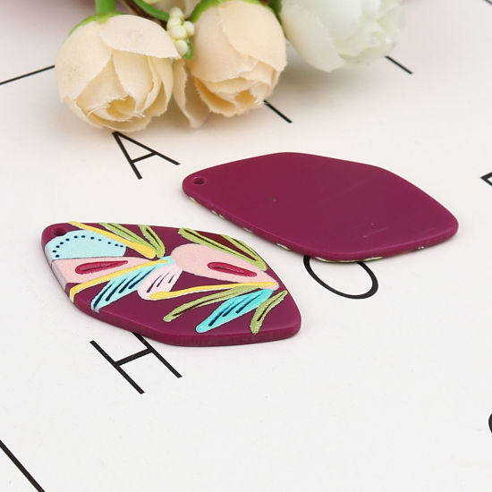 Bild von Harz Anhänger Polygon Lila , mit Blumen Muster, 46mm x 26mm, 3 Stück