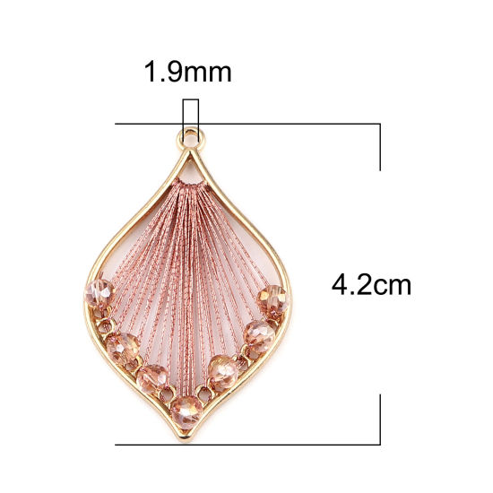 合金+ガラス ラップされたスレッド ペンダント 葉 金メッキ ホットピンク 42mm x 26mm、 3 個 の画像