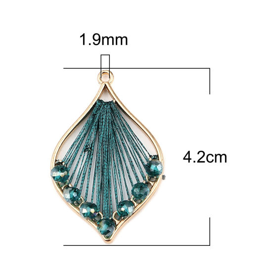 合金+ガラス ラップされたスレッド ペンダント 葉 金メッキ ピーコックグリーン 42mm x 26mm、 3 個 の画像