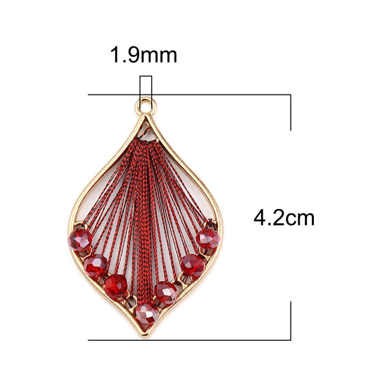 合金+ガラス ラップされたスレッド ペンダント 葉 金メッキ 赤ワイン色 42mm x 26mm、 3 個 の画像