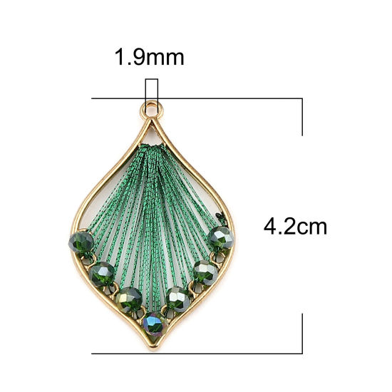 合金+ガラス ラップされたスレッド ペンダント 葉 金メッキ 緑 42mm x 26mm、 3 個 の画像