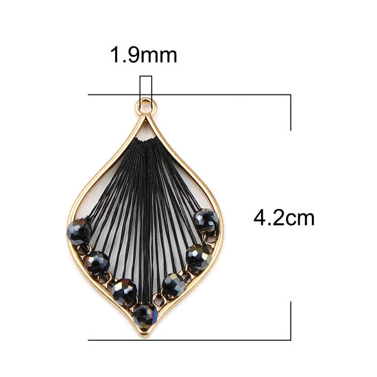 合金+ガラス ラップされたスレッド ペンダント 葉 金メッキ 黒 42mm x 26mm、 3 個 の画像