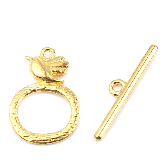Image de Fermoir Toggle en Alliage de Zinc Forme Annulaire Doré Oiseaux Gravé 29mm x 6mm 26x18mm, 20 Kits