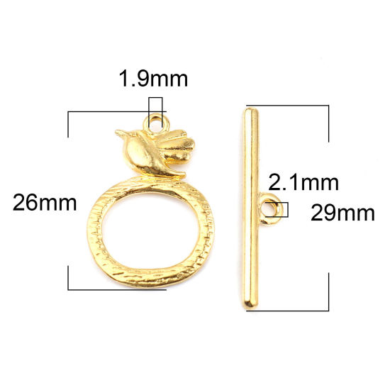 Image de Fermoir Toggle en Alliage de Zinc Forme Annulaire Doré Oiseaux Gravé 29mm x 6mm 26x18mm, 20 Kits