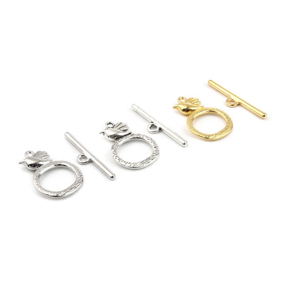 Image de Fermoir Toggle en Alliage de Zinc Forme Annulaire Doré Oiseaux Gravé 29mm x 6mm 26x18mm, 20 Kits