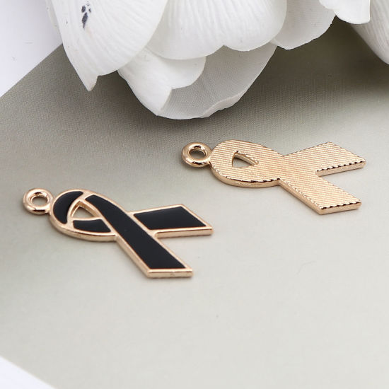 Immagine di Lega di Zinco Medico Charms Nastro Oro Placcato Nero Smalto 28mm x 15mm , 20 Pz