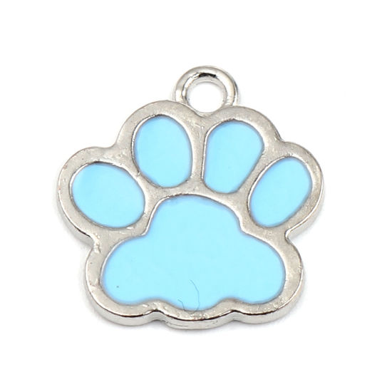 Immagine di Lega di Zinco Charms Zampa Tono Argento Blu Smalto 17mm x 16mm , 20 Pz