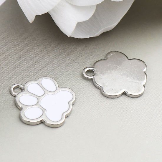 Immagine di Lega di Zinco Charms Zampa Tono Argento Bianco Smalto 17mm x 16mm , 20 Pz