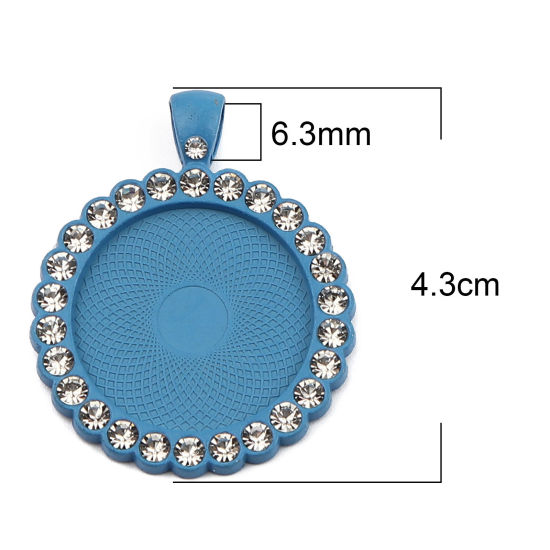 亜鉛合金 台座付 ペンダント 円形 空色 ( 25mmに合う) 透明ラインストーン 43mm x 34mm、 5 個 の画像