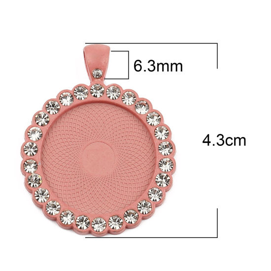 亜鉛合金 台座付 ペンダント 円形 ピンク ( 25mmに合う) 透明ラインストーン 43mm x 34mm、 5 個 の画像