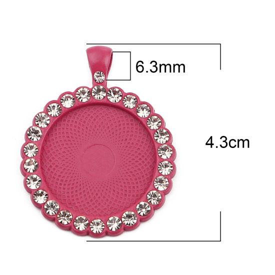 亜鉛合金 台座付 ペンダント 円形 ホットピンク ( 25mmに合う) 透明ラインストーン 43mm x 34mm、 5 個 の画像