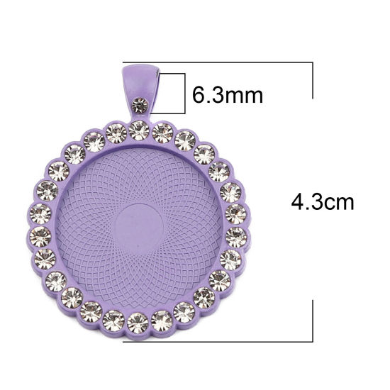 亜鉛合金 台座付 ペンダント 円形 紫 ( 25mmに合う) 透明ラインストーン 43mm x 34mm、 5 個 の画像