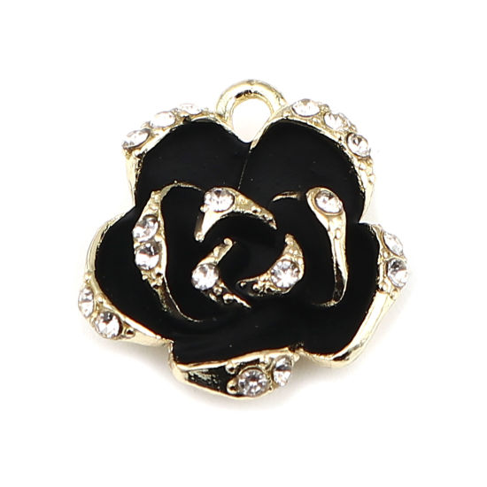 Picture of Zinc Based Alloy Charms Rose Flower Gold Plated Black Enamel Clear Rhinestone 21mm x 19mm, 3 PCs