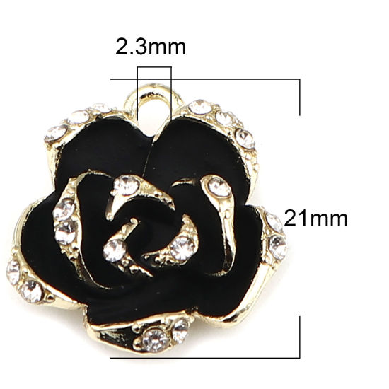 Picture of Zinc Based Alloy Charms Rose Flower Gold Plated Black Enamel Clear Rhinestone 21mm x 19mm, 3 PCs