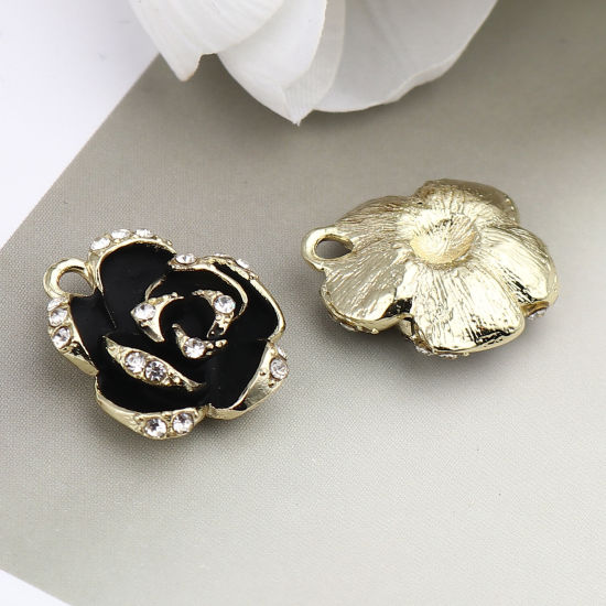 Picture of Zinc Based Alloy Charms Rose Flower Gold Plated Black Enamel Clear Rhinestone 21mm x 19mm, 3 PCs