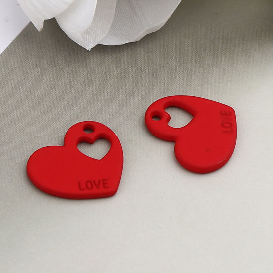 Imagen de Zamak día de San Valentín Colgantes Charms Corazón Rojo Mensaje " Amor " Pintura 18mm x 15mm, 10 Unidades
