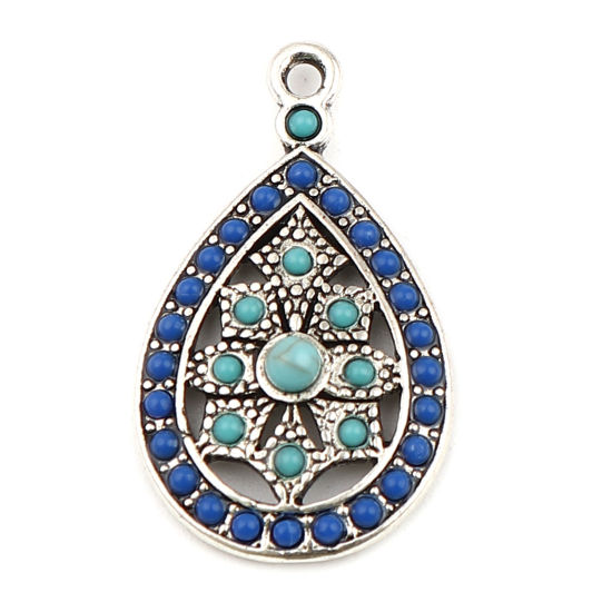 Image de Breloques Style Bohème en Alliage de Zinc Goutte d'Eau Argent Vieilli Bleu à Strass Saphir 29mm x 17mm, 5 Pcs