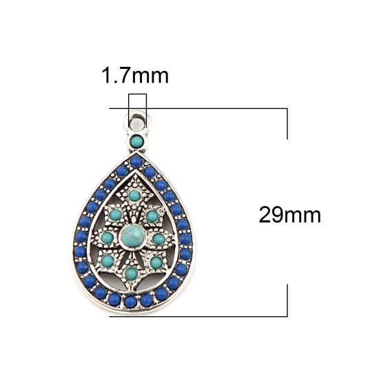 Image de Breloques Style Bohème en Alliage de Zinc Goutte d'Eau Argent Vieilli Bleu à Strass Saphir 29mm x 17mm, 5 Pcs