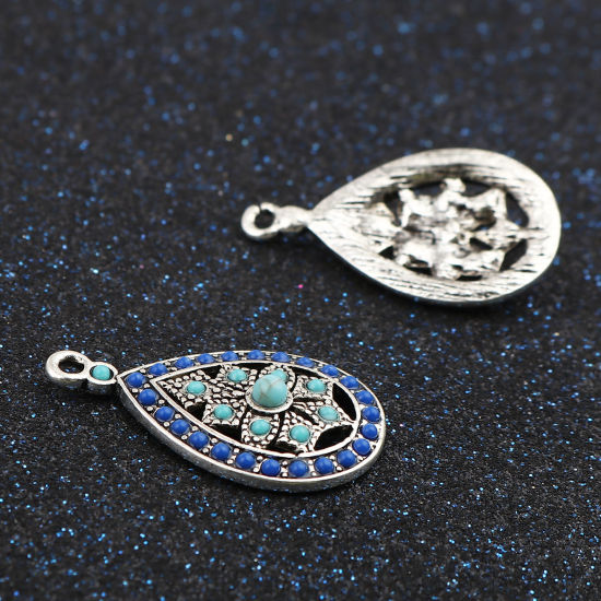 Image de Breloques Style Bohème en Alliage de Zinc Goutte d'Eau Argent Vieilli Bleu à Strass Saphir 29mm x 17mm, 5 Pcs