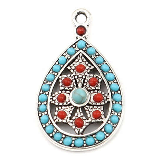 Image de Breloques Style Bohème en Alliage de Zinc Goutte d'Eau Argent Vieilli Rouge à Strass Saphir 29mm x 17mm, 5 Pcs