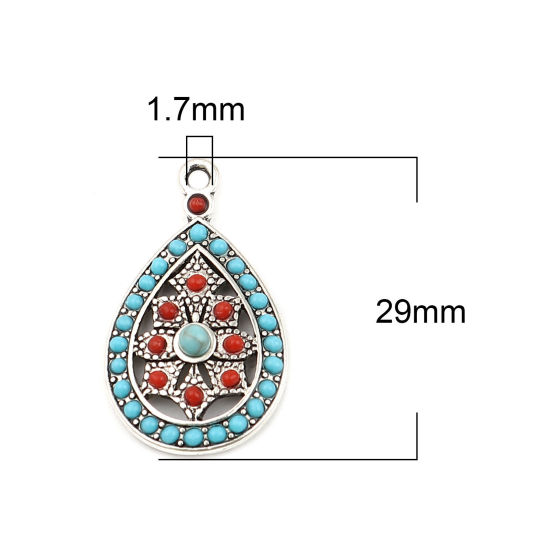 Image de Breloques Style Bohème en Alliage de Zinc Goutte d'Eau Argent Vieilli Rouge à Strass Saphir 29mm x 17mm, 5 Pcs