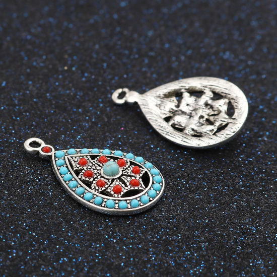 Image de Breloques Style Bohème en Alliage de Zinc Goutte d'Eau Argent Vieilli Rouge à Strass Saphir 29mm x 17mm, 5 Pcs