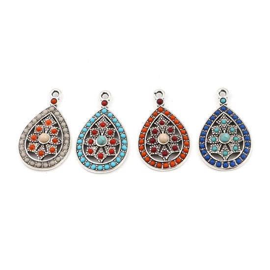Image de Breloques Style Bohème en Alliage de Zinc Goutte d'Eau Argent Vieilli Rouge à Strass Saphir 29mm x 17mm, 5 Pcs