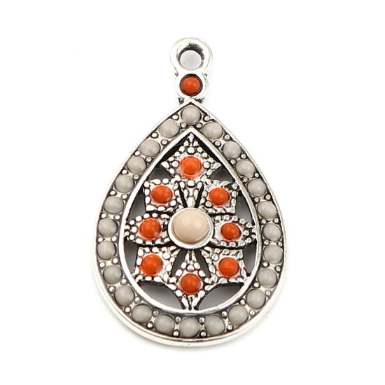 Image de Breloques Style Bohème en Alliage de Zinc Goutte d'Eau Argent Vieilli Orange à Strass Crème 29mm x 17mm, 5 Pcs