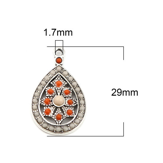Image de Breloques Style Bohème en Alliage de Zinc Goutte d'Eau Argent Vieilli Orange à Strass Crème 29mm x 17mm, 5 Pcs