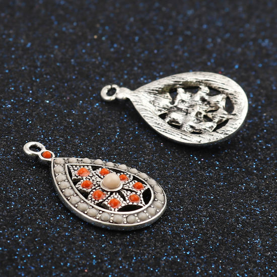 Image de Breloques Style Bohème en Alliage de Zinc Goutte d'Eau Argent Vieilli Orange à Strass Crème 29mm x 17mm, 5 Pcs