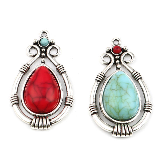 Picture of Zinc Based Alloy & Acrylic Boho Chic Bohemia Pendants Drop Antique Silver Color Blue Imitation Turquoise 38mm x 22mm, 5 PCs
