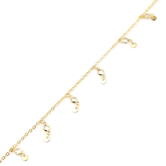 Picture of Brass Link Cable Chain Findings Round Gold Plated Clear Cubic Zirconia 20x5mm, 1 M