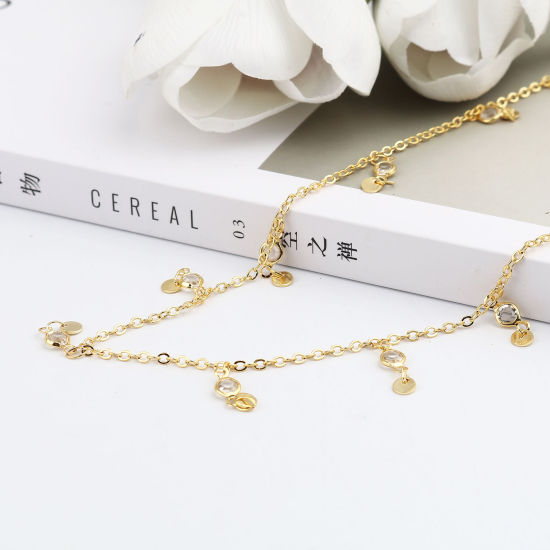 Picture of Brass Link Cable Chain Findings Round Gold Plated Clear Cubic Zirconia 20x5mm, 1 M