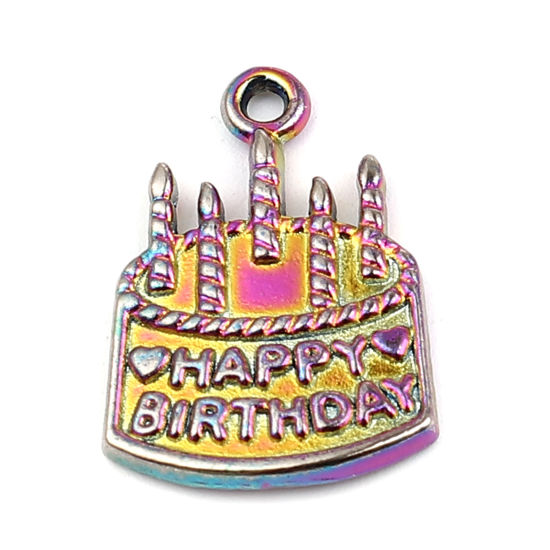 Bild von Zinklegierung Charms Kuchen Regenbogenfarbe Plattiert Message " HAPPY BIRTHDAY " 22mm x 15mm, 10 Stück