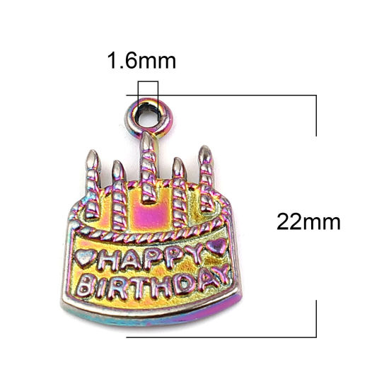 Bild von Zinklegierung Charms Kuchen Regenbogenfarbe Plattiert Message " HAPPY BIRTHDAY " 22mm x 15mm, 10 Stück