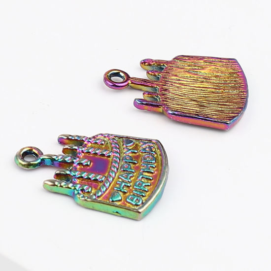 Bild von Zinklegierung Charms Kuchen Regenbogenfarbe Plattiert Message " HAPPY BIRTHDAY " 22mm x 15mm, 10 Stück