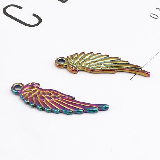 Bild von Zinklegierung Anhänger Flügel Regenbogenfarbe Plattiert 33mm x 10mm, 10 Stück