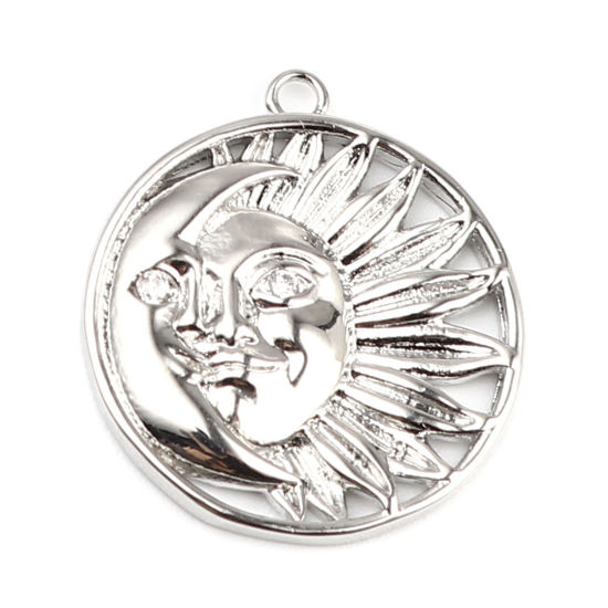 Image de Breloques Galaxie en Laiton Rond Plaqué Platine Véritable 18K Soleil avec Visage à Strass Transparent 21mm x 19mm, 2 Pcs