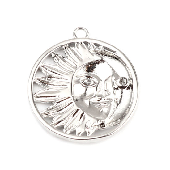 Image de Breloques Galaxie en Laiton Rond Plaqué Platine Véritable 18K Soleil avec Visage à Strass Transparent 21mm x 19mm, 2 Pcs