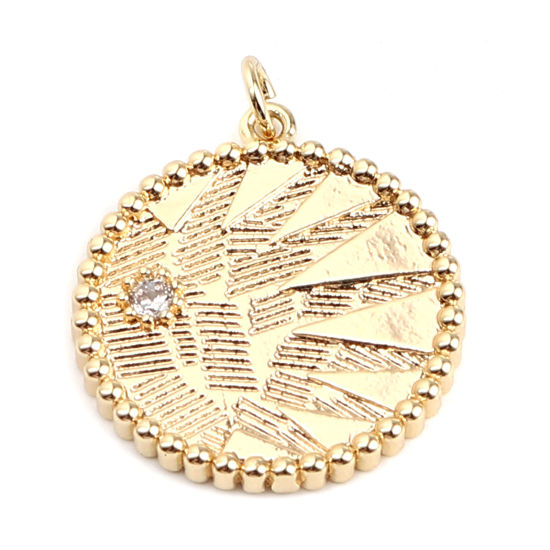 Picture of Brass Charms 18K Real Gold Plated Round Leaf Clear Rhinestone 29mm x 23mm, 2 PCs