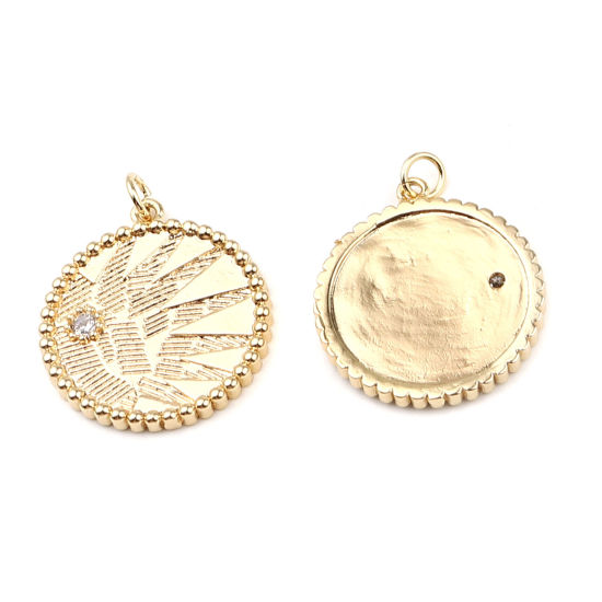 Picture of Brass Charms 18K Real Gold Plated Round Leaf Clear Rhinestone 29mm x 23mm, 2 PCs