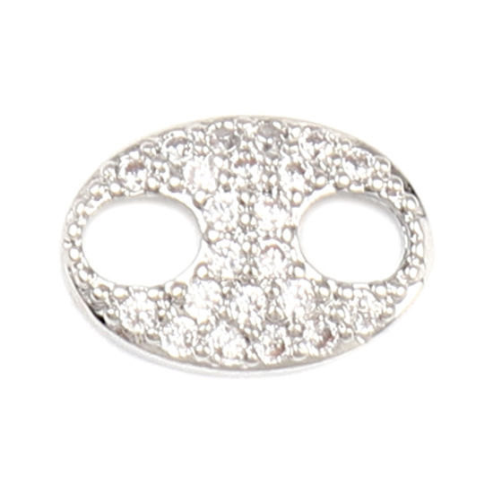 Image de Connecteurs Micro Pave en Laiton Ovale Plaqué Platine Véritable 18K à Strass Transparent 10mm x 7mm, 2 Pcs