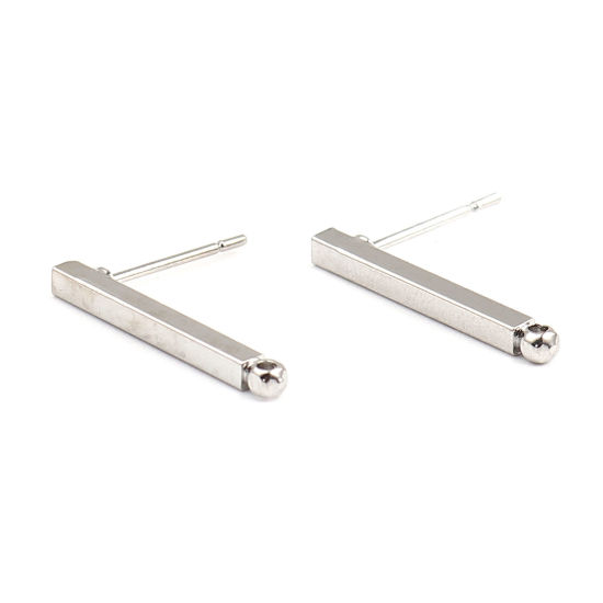 Picture of Zinc Based Alloy Ear Post Stud Earrings Findings Rectangle Silver Tone W/ Loop (Fits 4mm Dia.) 20mm x 2mm, Post/ Wire Size: (21 gauge), 3 Pairs