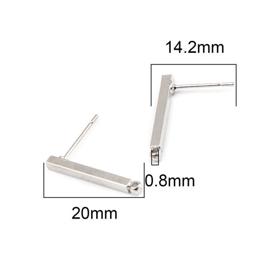 Picture of Zinc Based Alloy Ear Post Stud Earrings Findings Rectangle Silver Tone W/ Loop (Fits 4mm Dia.) 20mm x 2mm, Post/ Wire Size: (21 gauge), 3 Pairs