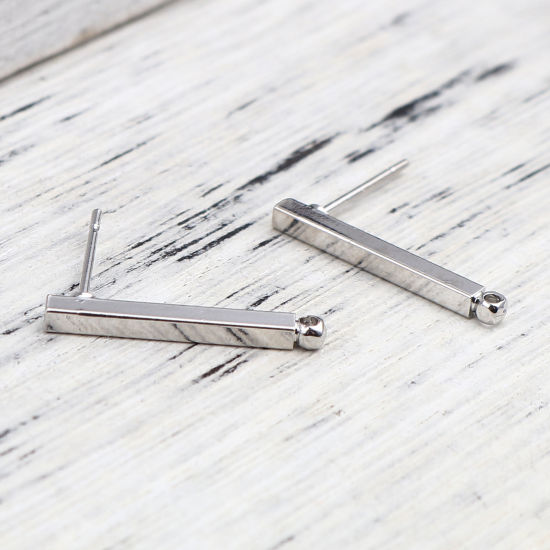 Picture of Zinc Based Alloy Ear Post Stud Earrings Findings Rectangle Silver Tone W/ Loop (Fits 4mm Dia.) 20mm x 2mm, Post/ Wire Size: (21 gauge), 3 Pairs