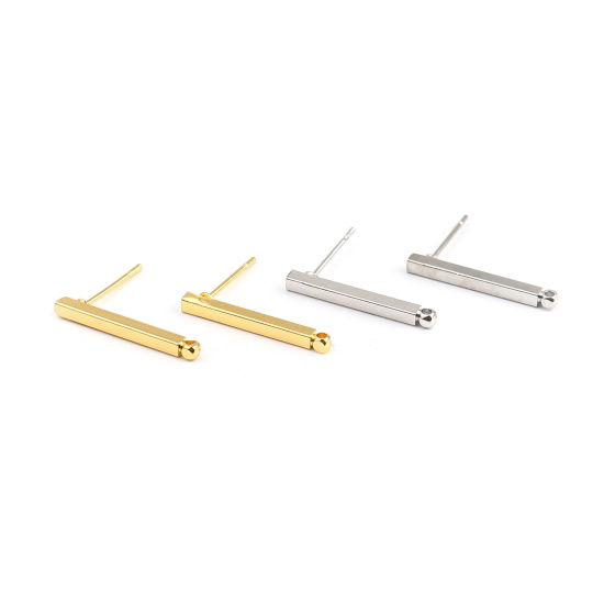 Picture of Zinc Based Alloy Ear Post Stud Earrings Findings Rectangle Silver Tone W/ Loop (Fits 4mm Dia.) 20mm x 2mm, Post/ Wire Size: (21 gauge), 3 Pairs