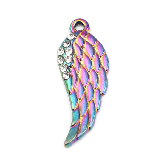 Bild von Zinklegierung Charms Flügel Regenbogenfarbe Plattiert Transparent Strass 30mm x 11mm, 5 Stück