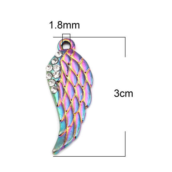 Bild von Zinklegierung Charms Flügel Regenbogenfarbe Plattiert Transparent Strass 30mm x 11mm, 5 Stück