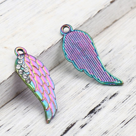 Bild von Zinklegierung Charms Flügel Regenbogenfarbe Plattiert Transparent Strass 30mm x 11mm, 5 Stück